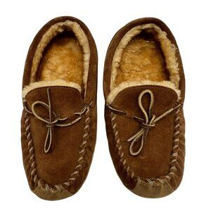 L.L. Bean Kids Wicked Good Moccasin Slippers Size 6 Brown Shearling Lined Lounge